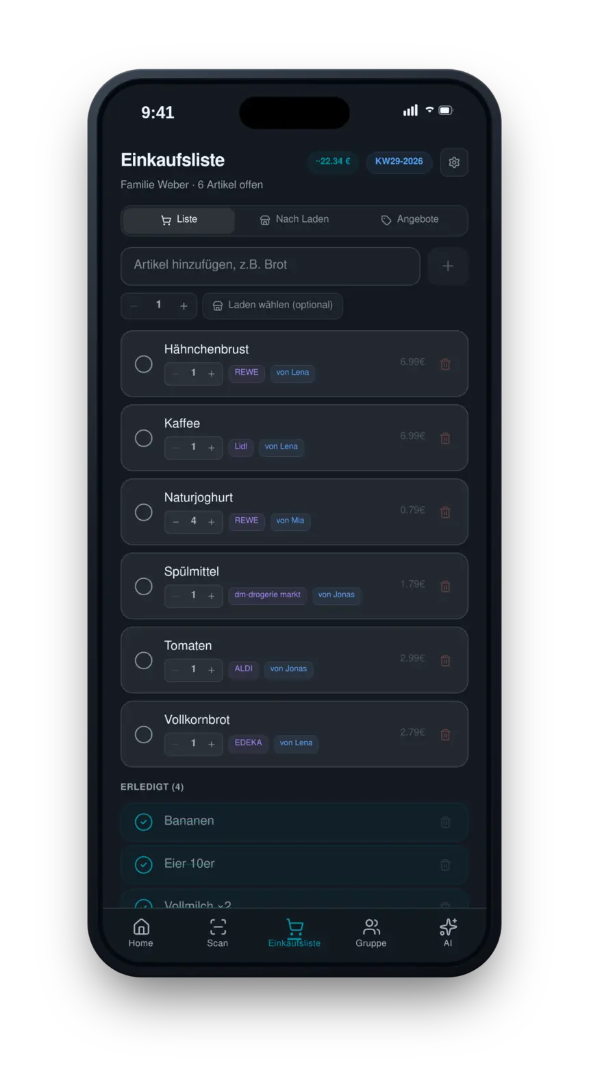 SparPlaner App — Einkaufsliste